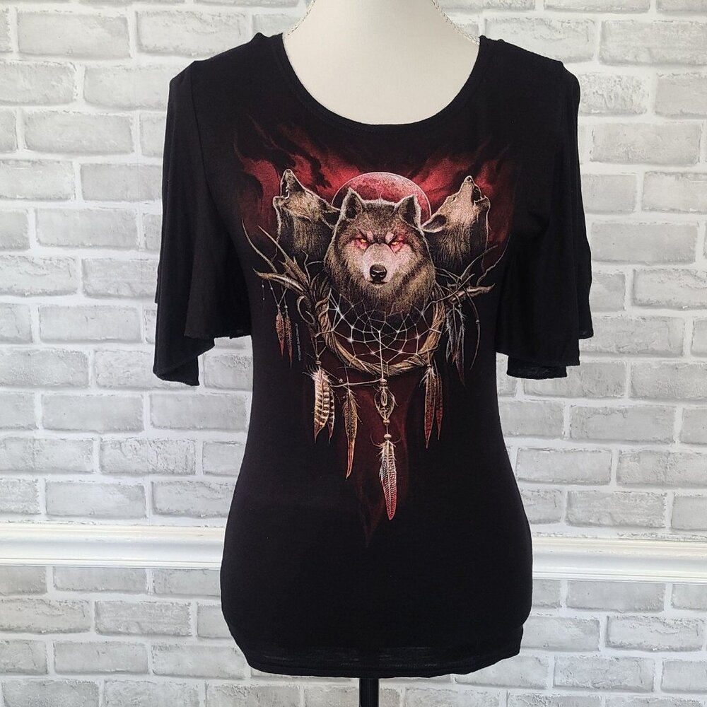 Spiral Direct Cry of the Wolf Black Tshirt Goth Gringe Edgy Medium Bat Sleeve